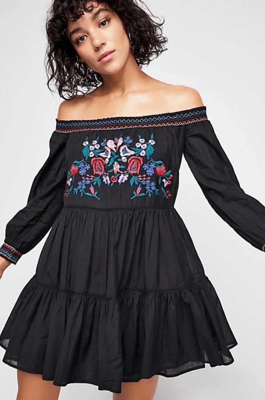 Free People SUN BEAMS Off Shoulder Floral Embroidered Tiered Mini Dress M $148